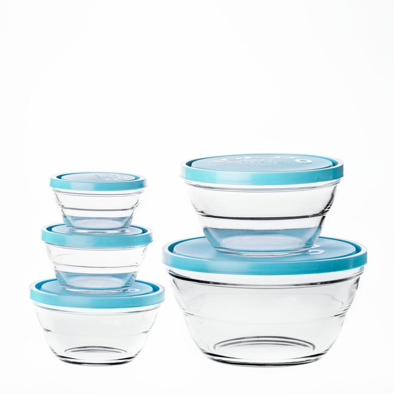 SET 5 LAMBADA BOWLS W/ LIGHT BLUE LID